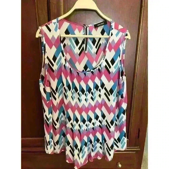Women's Nine West Chiffon Sleeveless Tank Top‎ Blouse Size 1X Geometric Pattern - Picture 1 of 6